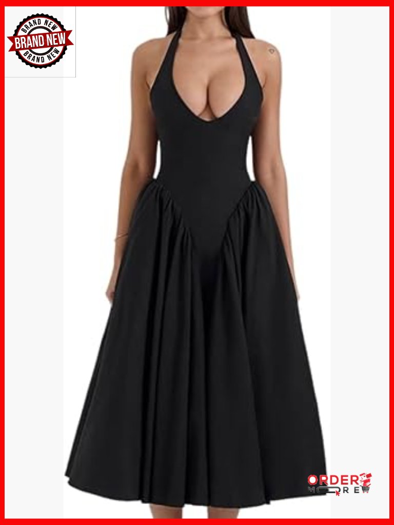 Sleeveless Halter Maxi Dress Backless Deep V Neck Bodycon Party